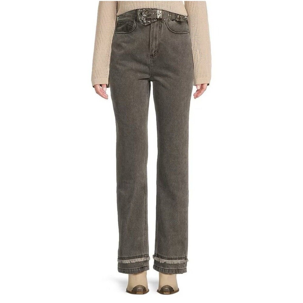 Le' AL.X High-Rise Straight Leg Jeans with Built-in Western Belt Gray Sz 28 New